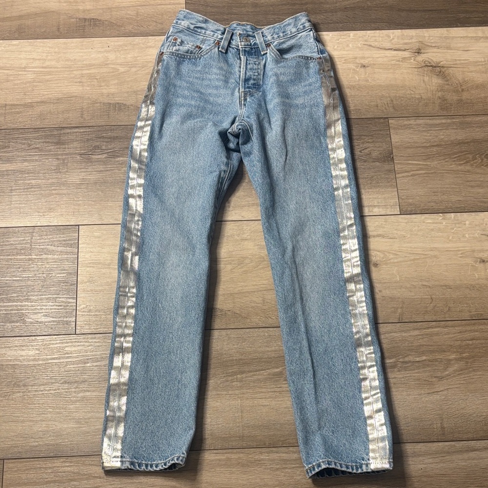 Levi’s 501 Rain Or Shine Metallic Side Stripe Straight Leg Jeans - Picture 2 of 9